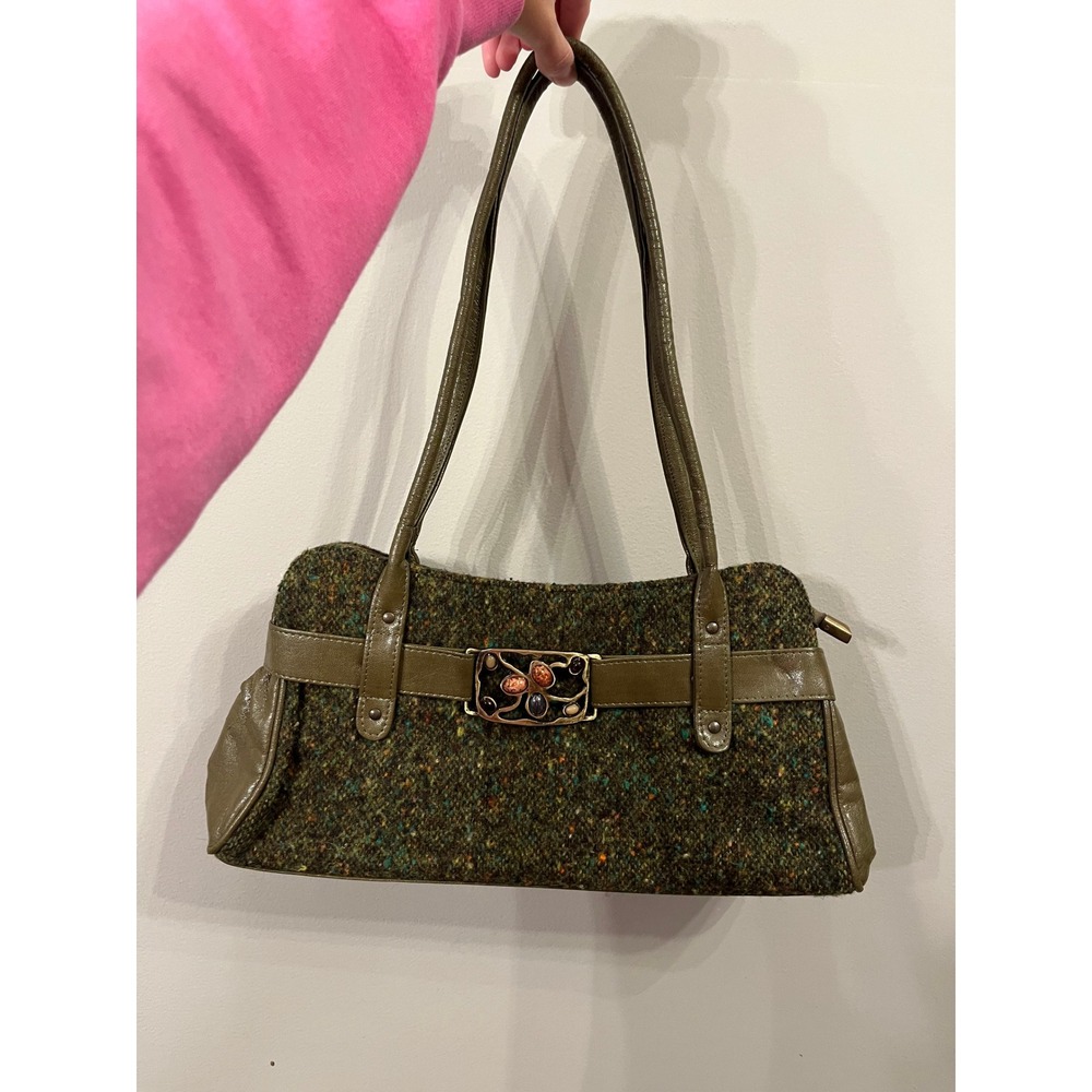 Mucros Weavers Irish Wool Tweed Shoulder Bag Olive Green Buckle Handbag